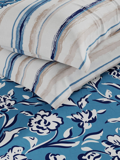Extra Smooth Double Comforter With 1 Double Bedsheet 2 Pillow Covers, For Ac Room <small> (floral-blue)</small>