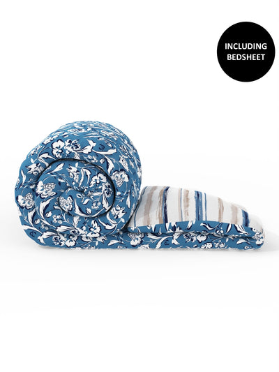 Extra Smooth Double Comforter With 1 Double Bedsheet 2 Pillow Covers, For Ac Room <small> (floral-blue)</small>