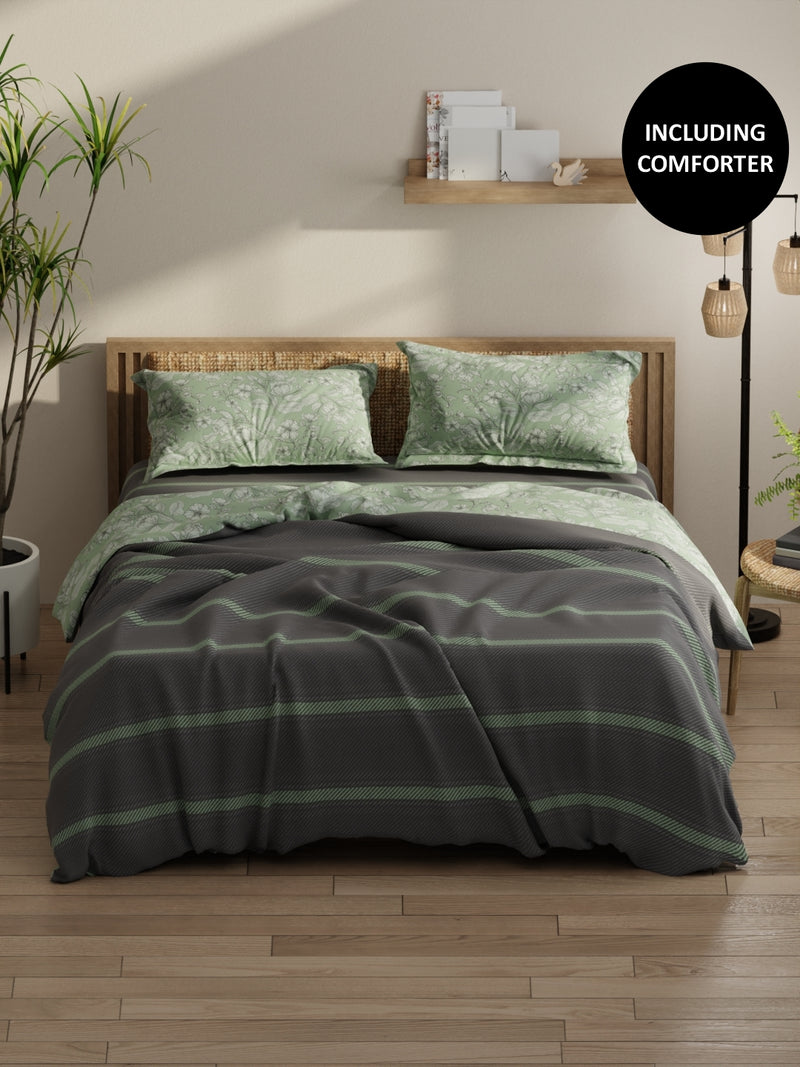 Extra Smooth Double Comforter With 1 Double Bedsheet 2 Pillow Covers, For Ac Room <small> (stripe-grey/pistachio)</small>
