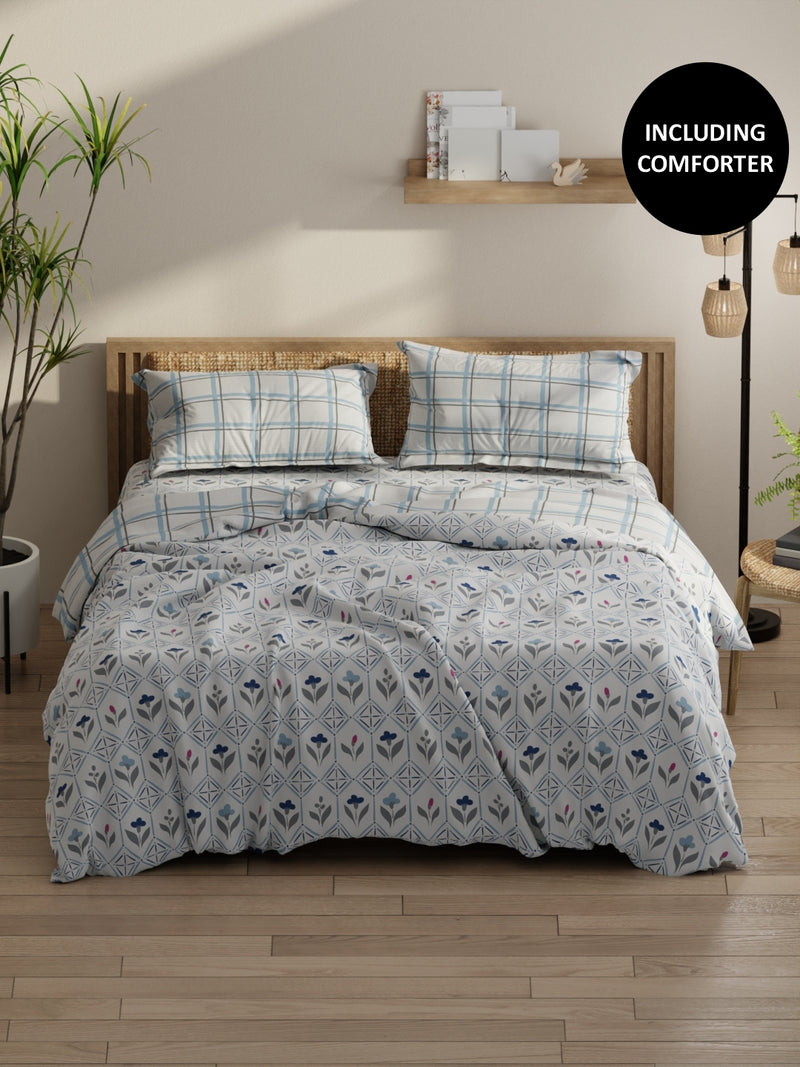 Extra Smooth Double Comforter With 1 Double Bedsheet 2 Pillow Covers, For Ac Room <small> (floral-ivory/blue)</small>