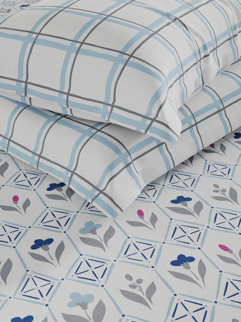 Extra Smooth Double Comforter With 1 Double Bedsheet 2 Pillow Covers, For Ac Room <small> (floral-ivory/blue)</small>