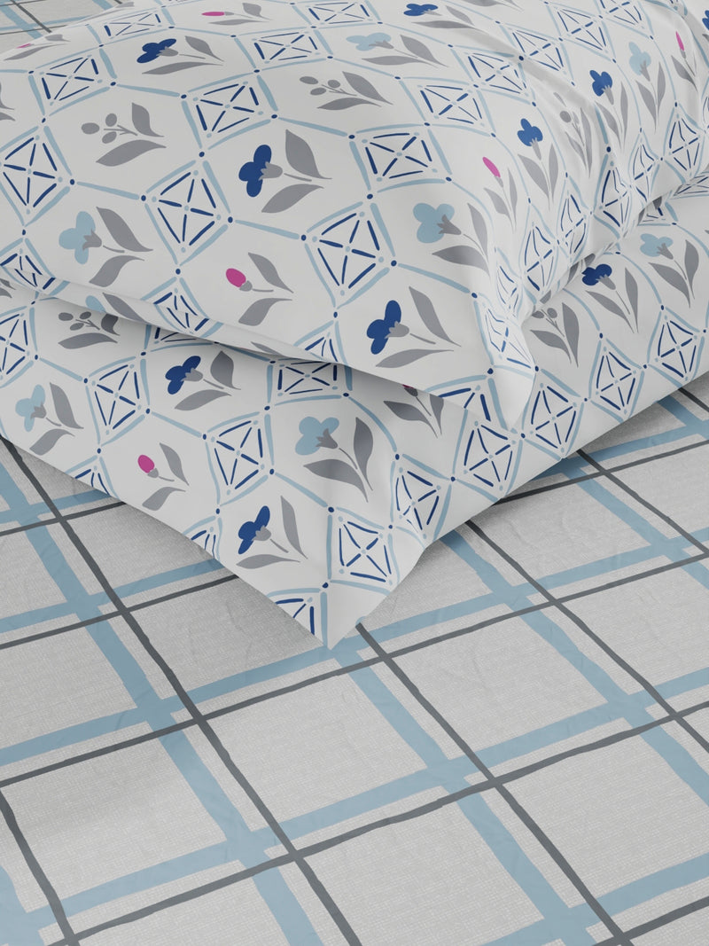 Extra Smooth Double Comforter With 1 Double Bedsheet 2 Pillow Covers, For Ac Room <small> (floral-grey/blue)</small>