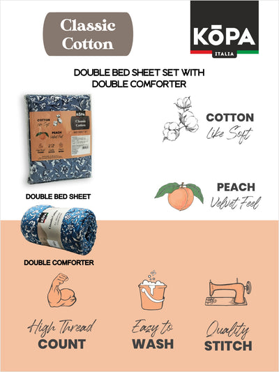 Extra Smooth Double Comforter With 1 Double Bedsheet 2 Pillow Covers, For Ac Room <small> (floral-grey/blue)</small>