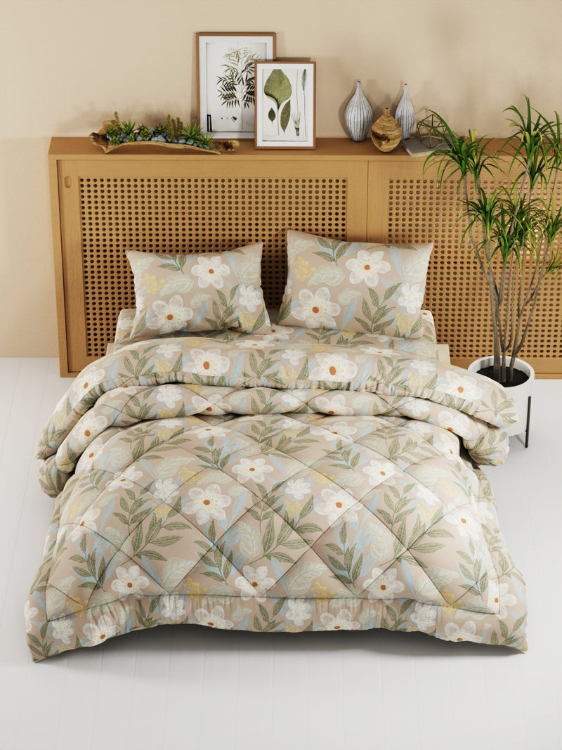 Extra Smooth Micro Double Comforter With 1 Double Bedsheet And 2 Pillow Covers For All Weather <small> (floral-lt.brown)</small>