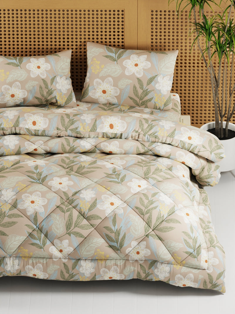 Extra Smooth Micro Double Comforter With 1 Double Bedsheet And 2 Pillow Covers For All Weather <small> (floral-lt.brown)</small>