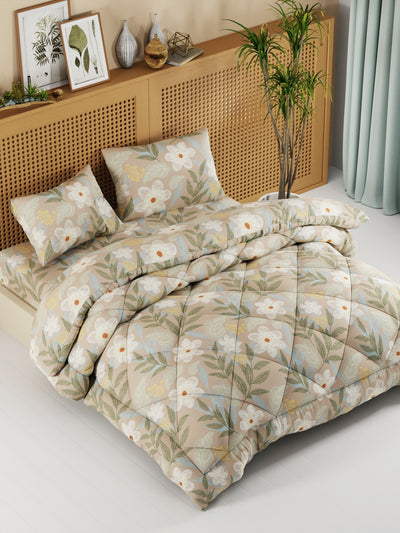 Extra Smooth Micro Double Comforter With 1 Double Bedsheet And 2 Pillow Covers For All Weather <small> (floral-lt.brown)</small>