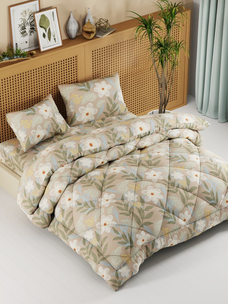 Extra Smooth Micro Double Comforter With 1 Double Bedsheet And 2 Pillow Covers For All Weather <small> (floral-lt.brown)</small>