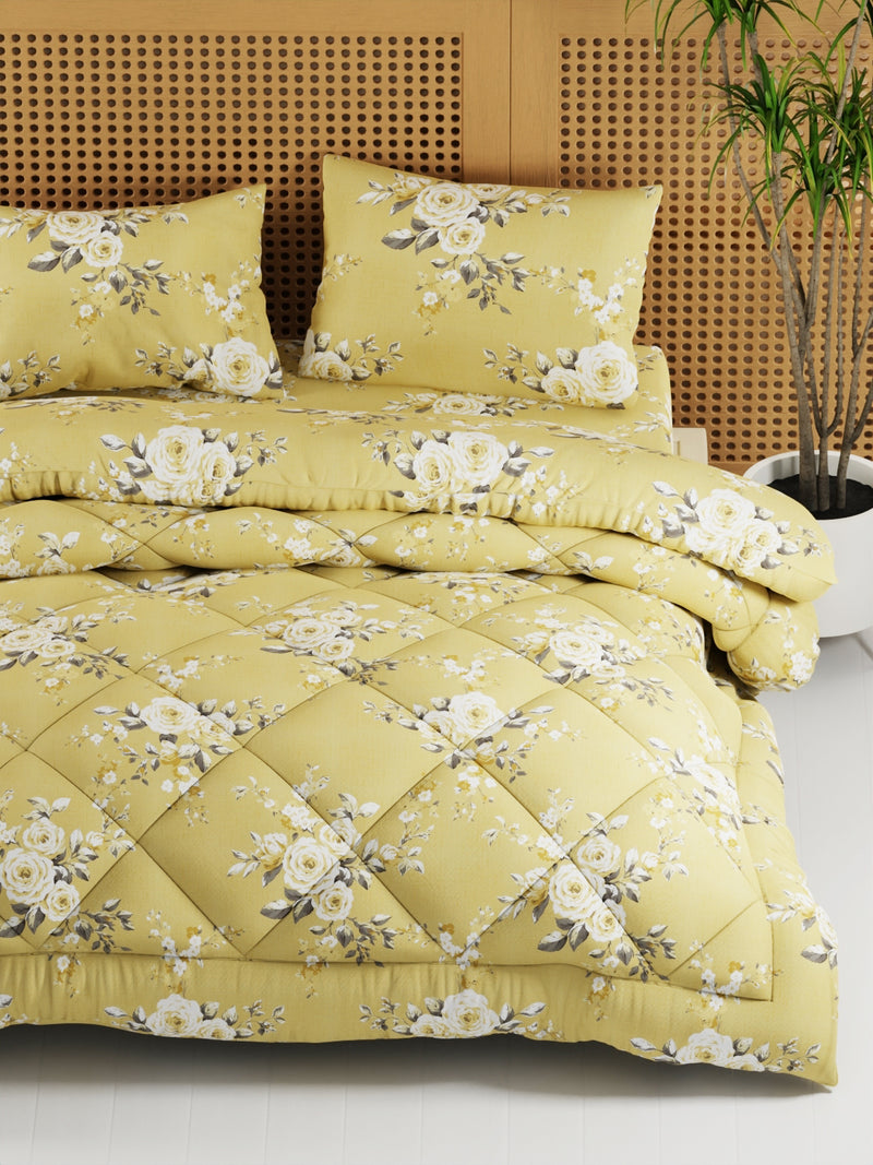 Extra Smooth Micro Double Comforter With 1 Double Bedsheet And 2 Pillow Covers For All Weather <small> (floral-yellow)</small>