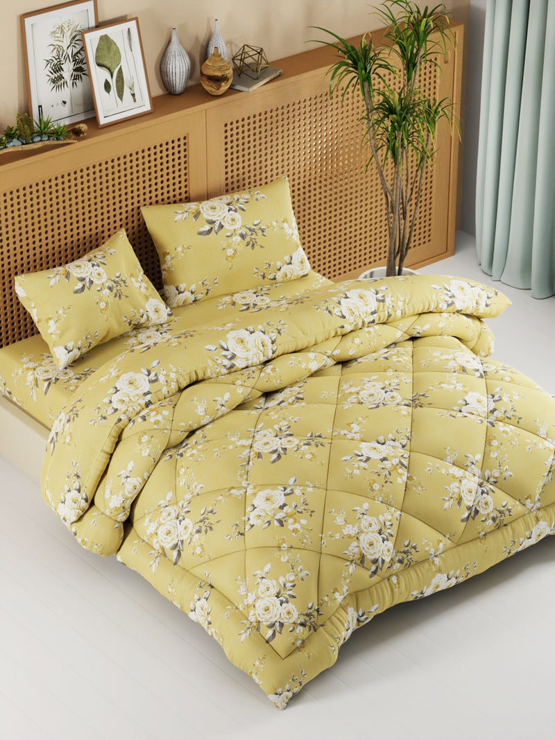 Extra Smooth Micro Double Comforter With 1 Double Bedsheet And 2 Pillow Covers For All Weather <small> (floral-yellow)</small>