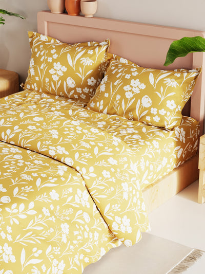 Extra Smooth Double Comforter With 1 Double Bedsheet 2 Pillow Covers, For Ac Room <small> (floral-mustard)</small>