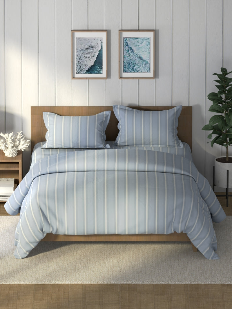 Super Soft 100% Cotton Double Comforter With 1 King Bedsheet And 2 Pillow Covers For All Weather <small> (stripe-vesselgrey)</small>