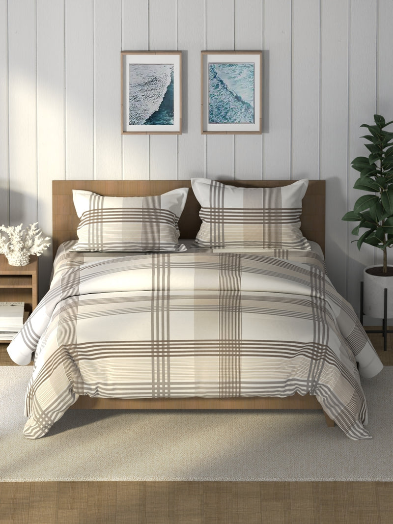 Super Soft 100% Cotton Double Comforter With 1 King Bedsheet And 2 Pillow Covers For All Weather <small> (stripe-beige/grey)</small>