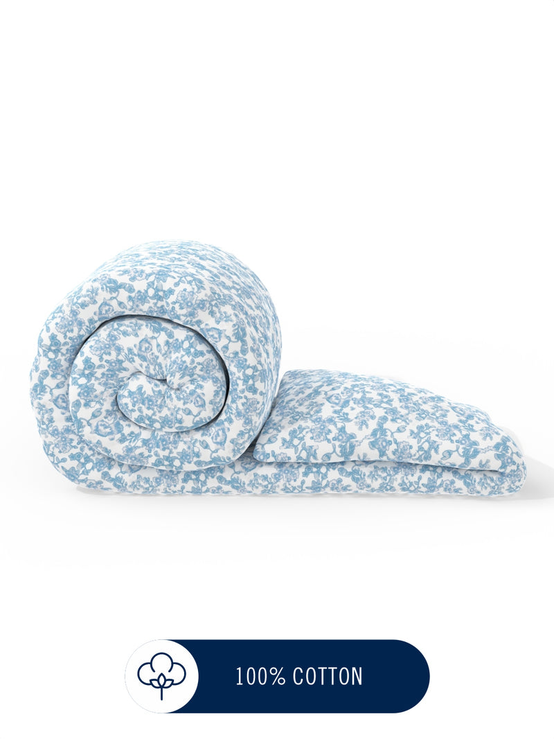 Super Fine 100% Egyptian Satin Cotton Comforter For All Weather <small> (floral-blue)</small>