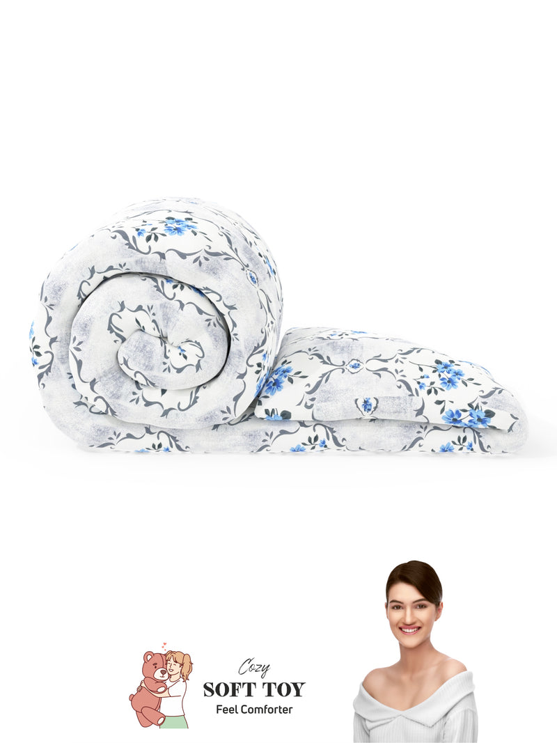 Super Soft 100% Natural Cotton Fabric Double Comforter For Winters <small> (floral-white/blue)</small>