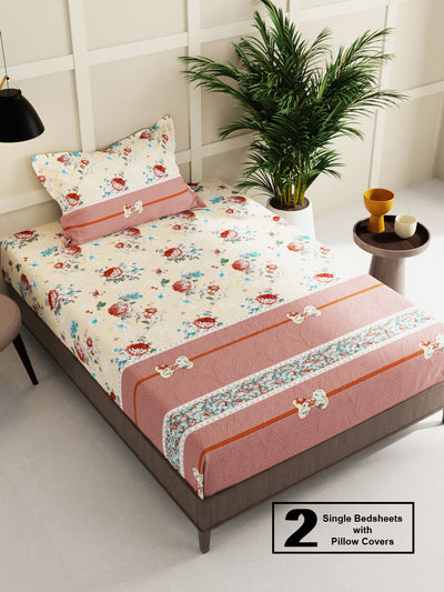Extra Smooth Micro 2 Single Bedsheet With 2 Pillow Cover <small> (floral-beige/brown)</small>