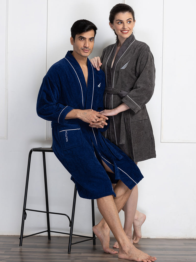 Luxurious Ultra Soft Bath Robe <small> (solid-navy/dark grey)</small>