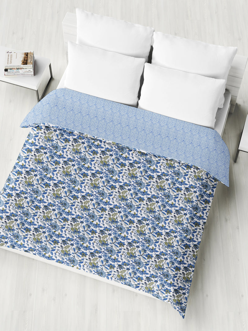 Extremely Soft 100% Muslin Cotton Dohar With Pure Cotton Flannel Filling <small> (floral-blue/white)</small>