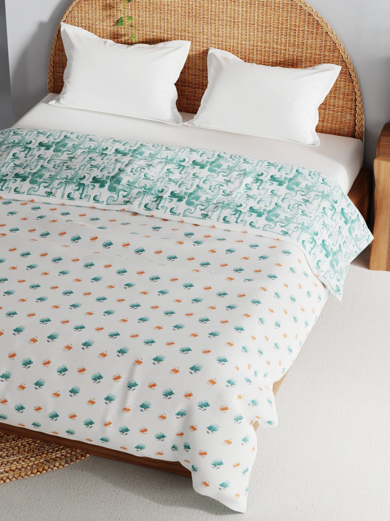 Extremely Soft 100% Muslin Cotton Dohar With Pure Cotton Flannel Filling <small> (geometric-aqua/white)</small>