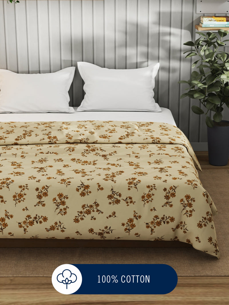 Super Fine 100% Egyptian Satin Cotton Blanket With Pure Cotton Flannel Filling <small> (floral-beige)</small>