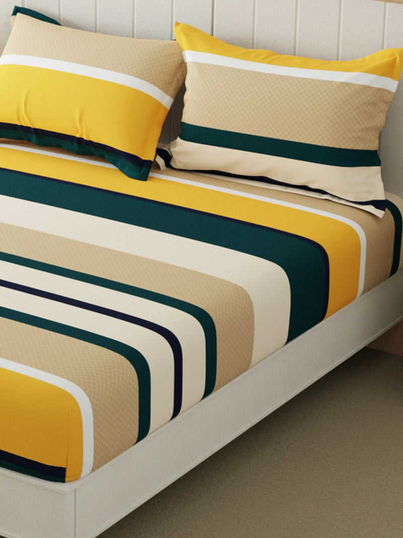 Extra Smooth Micro Double Bedsheet With 2 Pillow Covers <small> (stripe-yellow/teal)</small>
