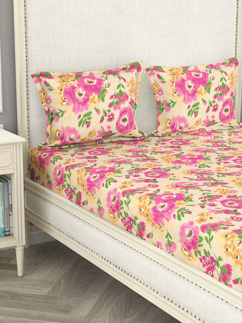 100% Pure Cotton Double Bedsheet With 2 Pillow Covers <small> (floral-pink)</small>