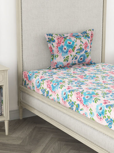 100% Pure Cotton Single Bedsheet With 1 Pillow Cover <small> (floral-blue)</small>