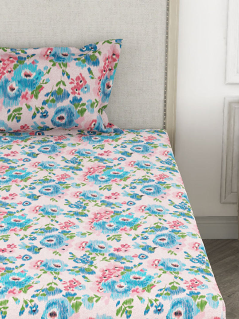100% Pure Cotton Single Bedsheet With 1 Pillow Cover <small> (floral-blue)</small>