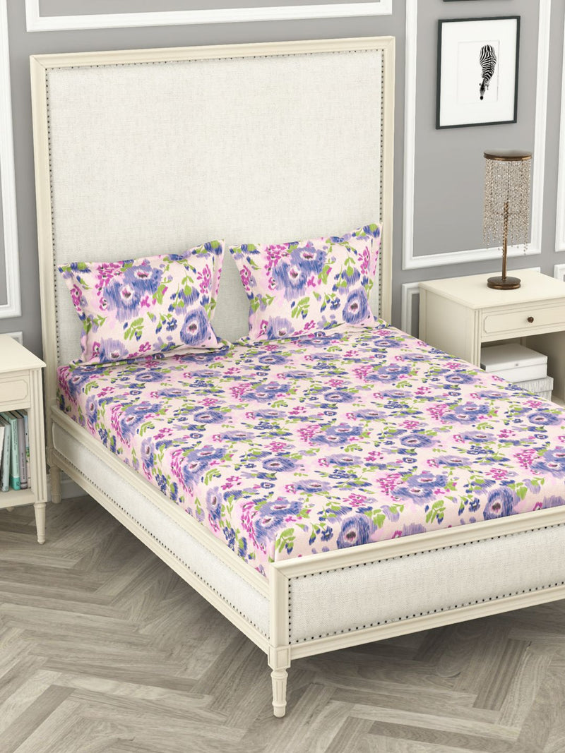 100% Pure Cotton Double Bedsheet With 2 Pillow Covers <small> (floral-purple)</small>