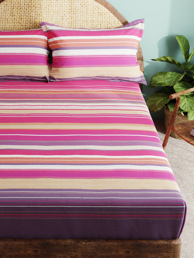 Super Soft 100% Cotton Xl King Size Bedsheet With 2 Pillow Covers <small> (stripe-maroon/multi)</small>