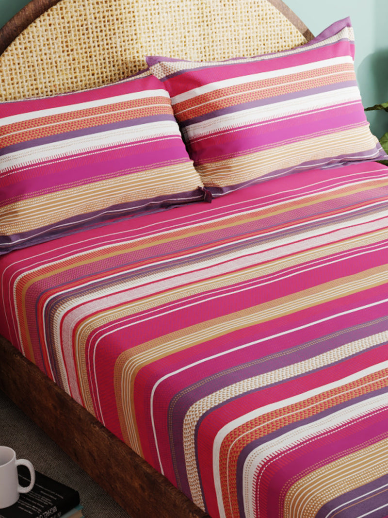 Super Soft 100% Cotton Xl King Size Bedsheet With 2 Pillow Covers <small> (stripe-maroon/multi)</small>