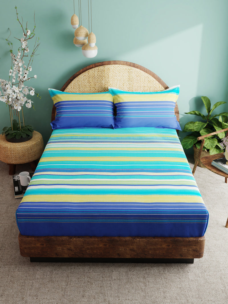 Super Soft 100% Cotton Xl King Size Bedsheet With 2 Pillow Covers <small> (stripe-blue/multi)</small>