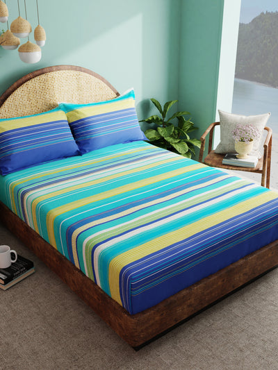 Super Soft 100% Cotton Xl King Size Bedsheet With 2 Pillow Covers <small> (stripe-blue/multi)</small>