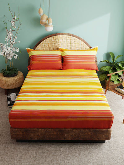 Super Soft 100% Cotton Xl King Size Bedsheet With 2 Pillow Covers <small> (stripe-orange/multi)</small>