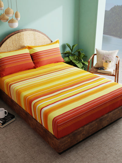 Super Soft 100% Cotton Xl King Size Bedsheet With 2 Pillow Covers <small> (stripe-orange/multi)</small>
