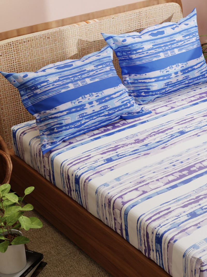 Super Soft 100% Cotton King Bedsheet With 2 Pillow Covers <small> (stripe-blue)</small>