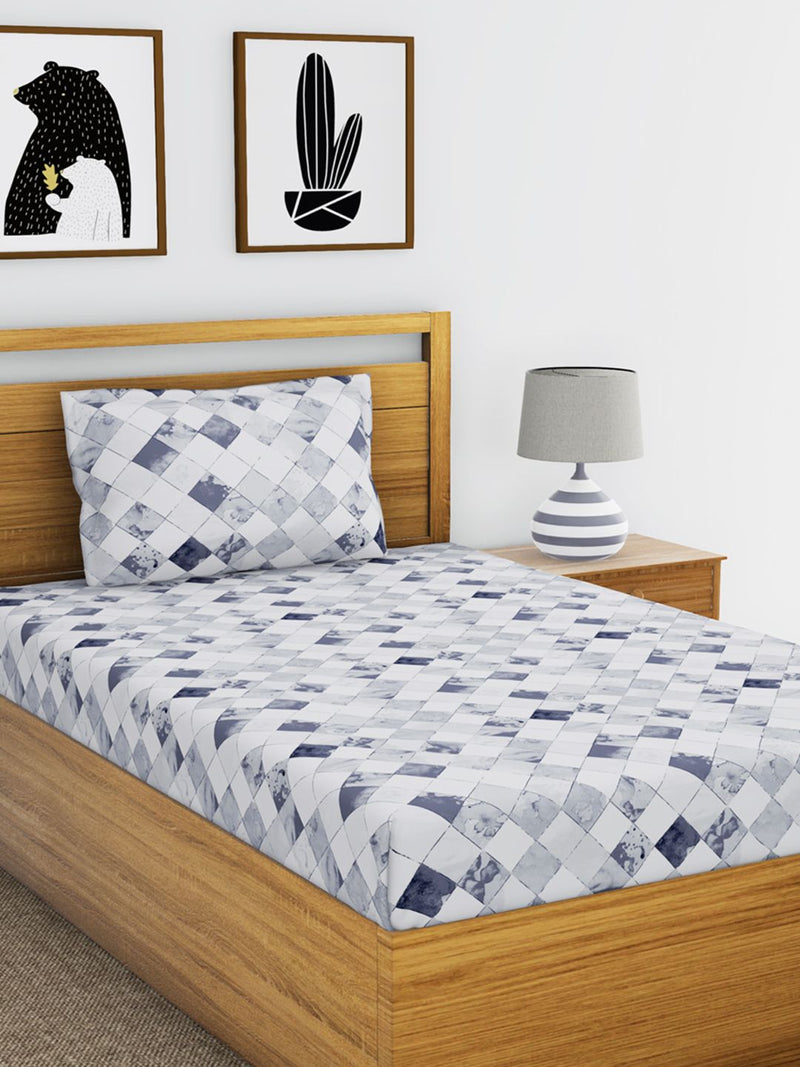 100% Pure Cotton Single Bedsheet With 1 Pillow Cover <small> (checks-grey)</small>