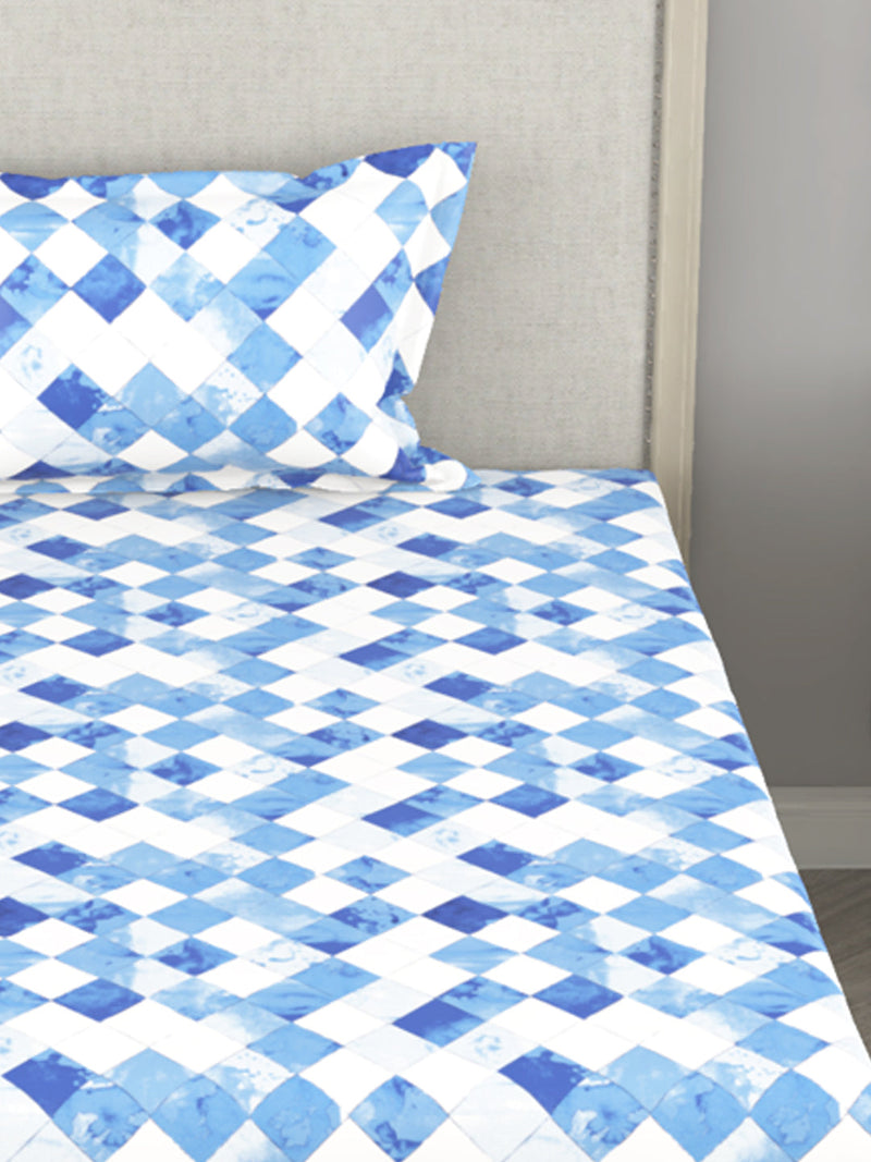 100% Pure Cotton Single Bedsheet With 1 Pillow Cover <small> (checks-blue)</small>