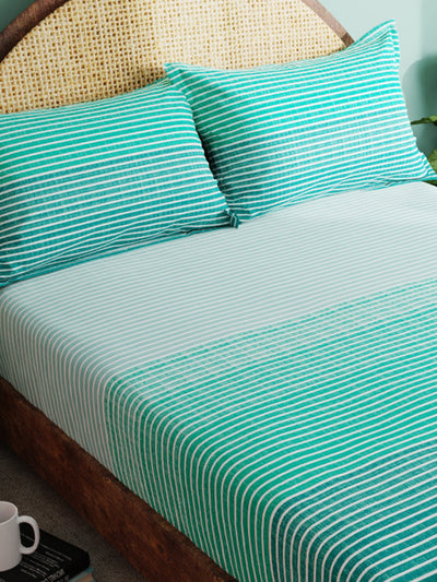 Super Soft 100% Cotton Xl King Size Bedsheet With 2 Pillow Covers <small> (stripe-green)</small>