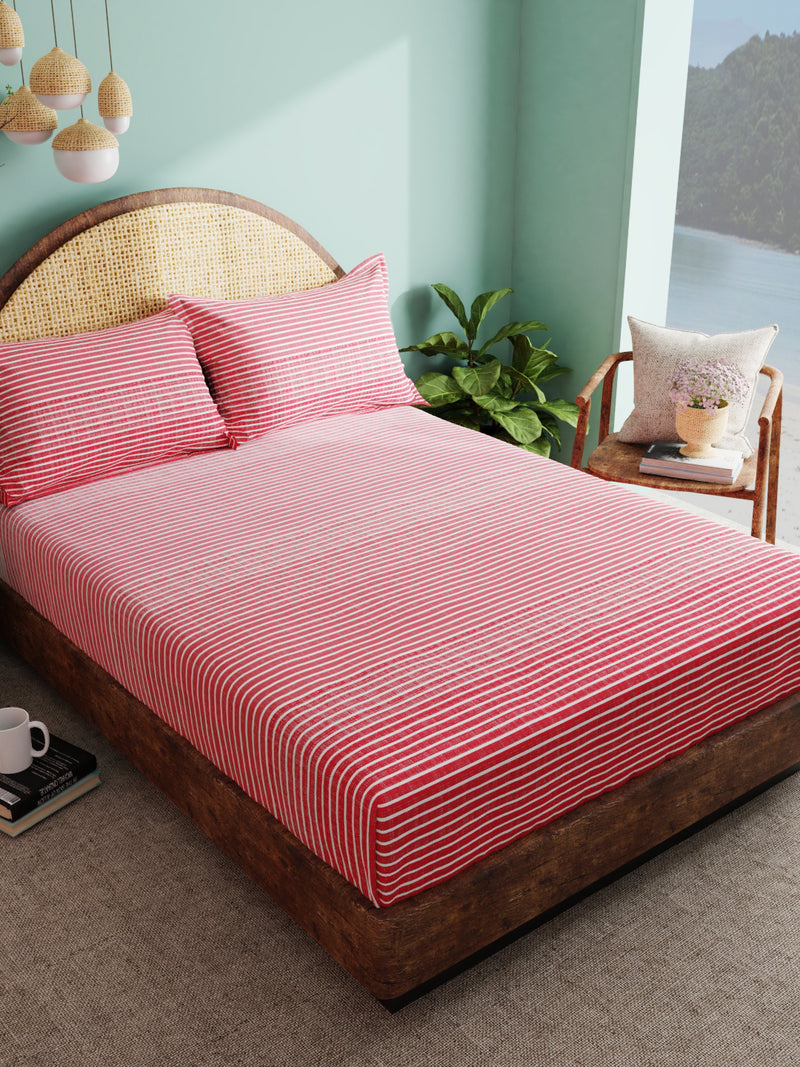 Super Soft 100% Cotton Xl King Size Bedsheet With 2 Pillow Covers <small> (stripe-red)</small>