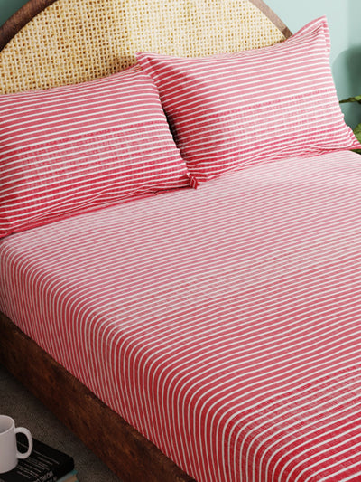 Super Soft 100% Cotton Xl King Size Bedsheet With 2 Pillow Covers <small> (stripe-red)</small>