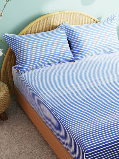 Super Soft 100% Cotton Xl King Size Bedsheet With 2 Pillow Covers <small> (stripe-blue)</small>