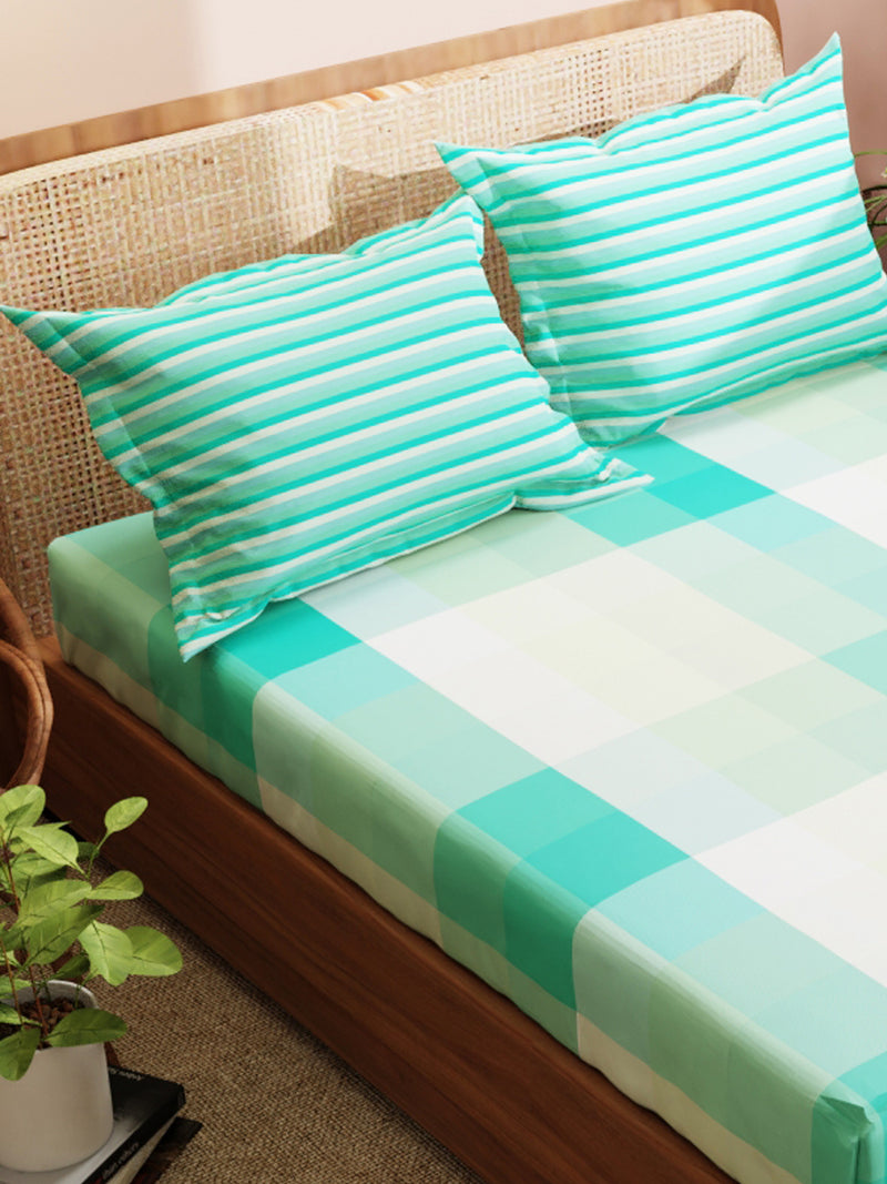 Super Soft 100% Cotton King Bedsheet With 2 Pillow Covers <small> (checks-green)</small>