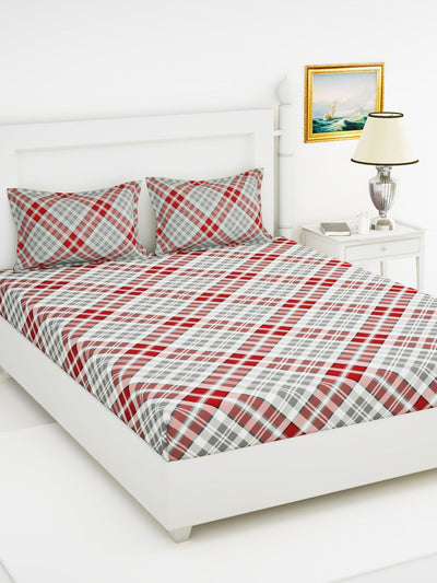 Soft 100% Natural Cotton King Size Double Bedsheet With 2 Pillow Covers <small> (checks-red/grey)</small>
