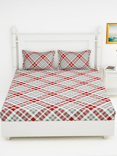 Soft 100% Natural Cotton King Size Double Bedsheet With 2 Pillow Covers <small> (checks-red/grey)</small>