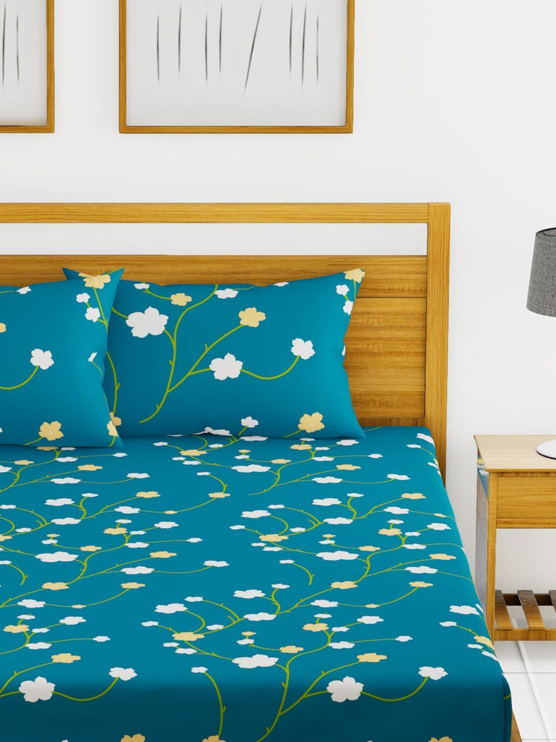 Extra Smooth Micro Double Bedsheet With 2 Pillow Covers <small> (floral-blue/gold)</small>