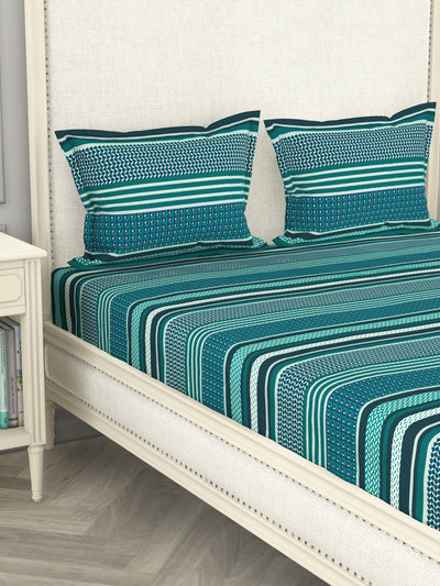 100% Pure Cotton Double Bedsheet With 2 Pillow Covers <small> (stripe-aqua)</small>