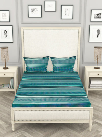 100% Pure Cotton Double Bedsheet With 2 Pillow Covers <small> (stripe-aqua)</small>