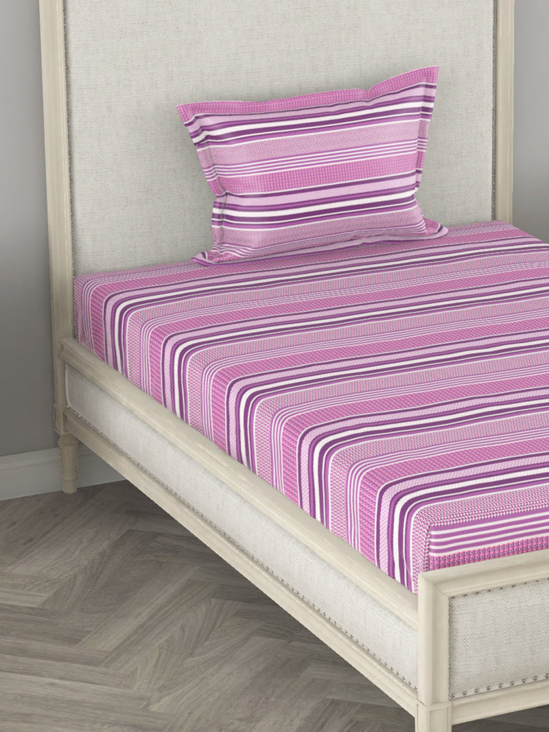 100% Pure Cotton Single Bedsheet With 1 Pillow Cover <small> (stripe-purple)</small>