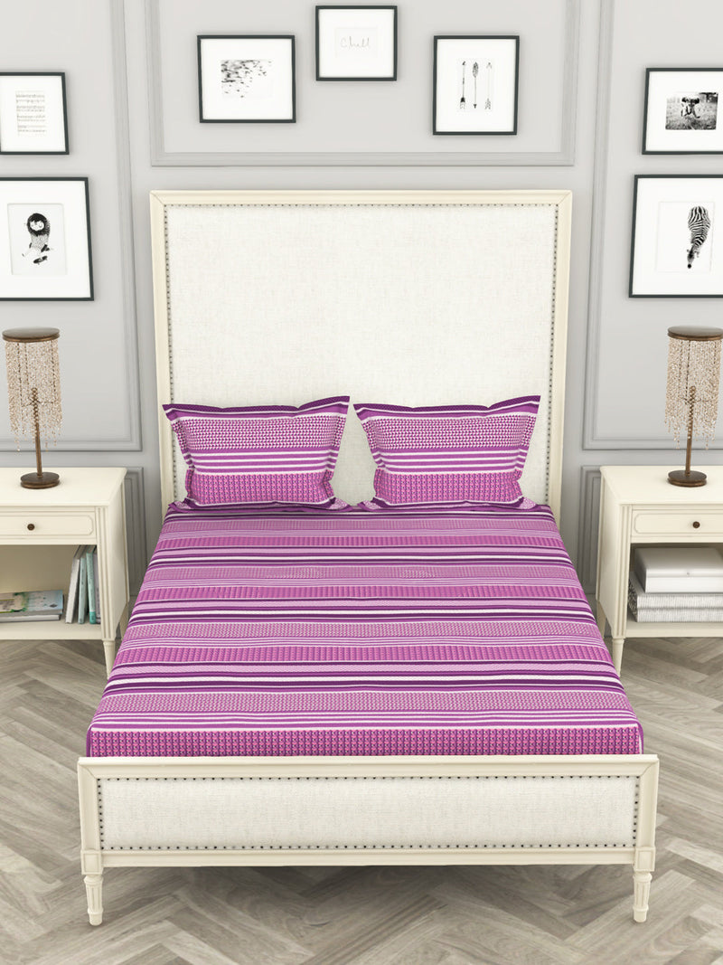 100% Pure Cotton Double Bedsheet With 2 Pillow Covers <small> (stripe-purple)</small>
