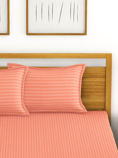 Super Soft 100% Egyptian Cotton Satin Stripe Xl King Double Bedsheet With 2 Pillow Covers + 2 Pillows <small> (stripe-slmn)</small>